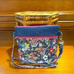 Handmade Denim and Cotton Floral Crossbody Bag with Lining and Zippered Closure